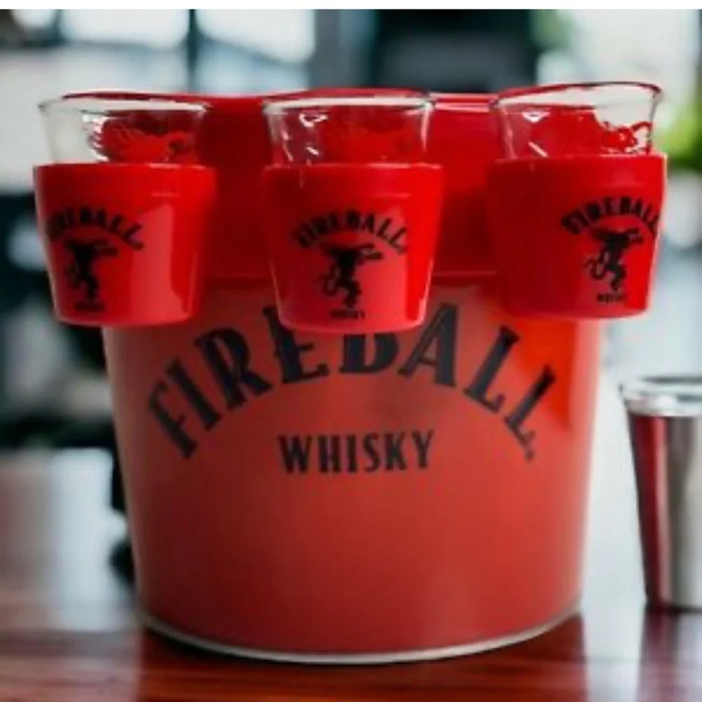 Fireball Red‎ Galvanized Metal Canister Bucket & 3 shot Fireball and T Shirt
